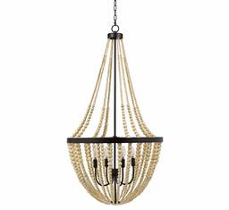 Amazon Brand – Stone & Beam Modern Farmhouse Wood Bead Chandelier Ceiling Fixture With 4 LED Light Bulbs - 24 x 24 x 45.5 Inches, Natural