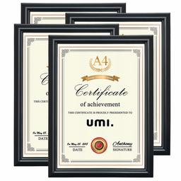 UMI. Essentials A4 fotoramar certifikathållare vägghängande och bordsskiva, svart, 4-pack