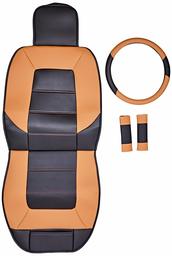 AmazonBasics Deluxe Sideless Universal Fit Leatherette Seat Cover Set with Wheel Cover and Seatbelt Pads, Black and Brown