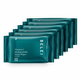 Amazon Brand - Belei - Vitamin C Biodegradable Facial Wipes, 6x25 wipes (150 total wipes)