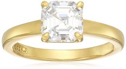 Amazon CollectionYellow Gold Plated Sterling Silver Swarovski Zirconia Asscher Cut 3-Stone Ring, Size 6