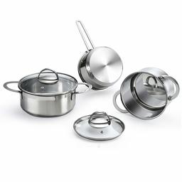 Eono by Amazon Braadpan Roestvrij Staal met Gehard Glas Deksel, Grote Inductie Pan, Oven Veilig, Geschikt voor Alle soorten Kookplaten 5-Pieces Pan Set ∣ 1L +1.5L +2L ZILVER