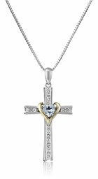 Sterling Silver and 14k Gold Aquamarine and Diamond Cross My Heart Pendant Necklace, 18