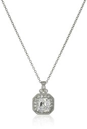 Platinum-Plated Sterling Silver Swarovski Zirconia Zirconia Asscher Cut Antique Pendant Necklace