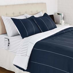 Amazon Basics College Dorm Bed-in-a-Bag with Elastic Storage Pockets - Full/Queen - - Navy Stripe