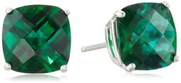 Sterling Silver Cushion Checkerboard Cut Created Emerald Studs (8mm)