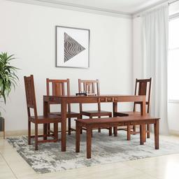 Amazon Brand - Solimo Hove Solid Sheesham Wood 6 Seater Dining Table with Chairs and Bench (Teak Finish)