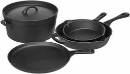 AmazonBasics Pre-Seasoned Cast Iron 5-Piece Kitchen Cookware Set, Pots and Pans (Renewed)