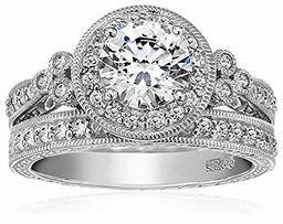 [Amazon Collection] Amazon Collection Platinum Plated Sterling Silver Clear Cubic Zirconia Round Halo Ring Set, Size 9