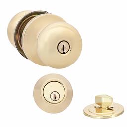 AmazonBasics Exterior Door Knob With Lock and Deadbolt, Round, Polished Brass