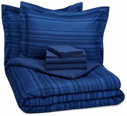 AmazonBasics 7-Piece Bed-In-A-Bag - Full/Queen, Royal Blue Calvin Stripe (Renewed)