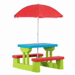 AmazonBasics Plastic Multicolored Kids Outdoor Table with Umbrella - Red / Blue / Green (Renewed)