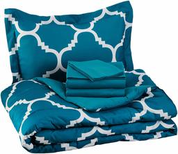 AmazonBasics 5-Piece Bed-In-A-Bag - Twin/Twin Extra-Long, Teal Trellis (Renewed)