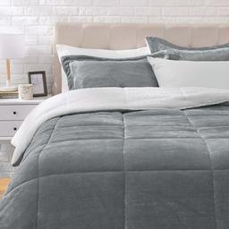 AmazonBasics Ultra-Soft Micromink Sherpa Comforter Bed Set, Full or Queen, Charcoal - 3-Piece