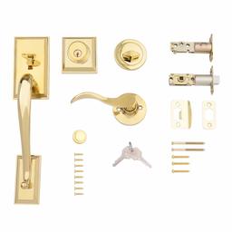 AmazonBasics Modern Exterior Door Handle with Right-Hand Wave Door Lever and Deadbolt Lock Set, Polished Brass