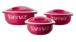 Amazon Brand - Solimo Sparkle Insulated Casseroles Set with Roti Basket, 3-Piece, Pink