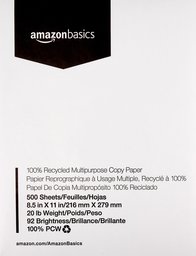 AmazonBasics 92 Bright 20lb 100 Percent PCW Recycled Copy Paper 8.5 x 11 500 Sheets per Ream,