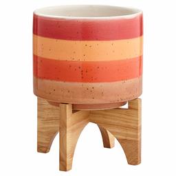 Amazon Brand – Rivet Mid Century Modern Ceramic and Bamboo Planter Flower Pot with Stand - 10.25 Inch, Red and Orange