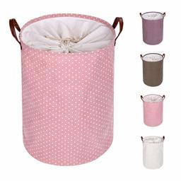 Eono Amazon Brand 19-Inches Thickened Large Laundry Basket with Durable Leather Handle, Drawstring Waterproof Round Cotton Linen Collapsible Storage Basket (Pink, L)