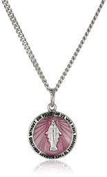 Sterling Silver Miraculous Medal with Pink Epoxy and Stainless Steel Chain Pendant Necklace, 20