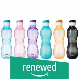 (Renewed) Amazon Brand - Solimo Plastic Water Bottle Set with Flip cap (Set of 6, 975ml, Multicolor)