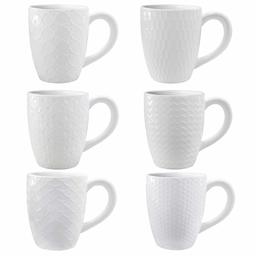 UMI. Essentials 400 ml Trinkbecher Keramik 6er-Set Unterschiedliche Muster Weiße Tasse mit Griff für Kaffee Tee Kakao Müsli