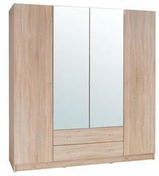 Amazon Brand - Movian Morava 4-Door 2-Drawer Wardrobe with Mirrors, 200 x 59 x 212cm, Light Brown Oak-Effect