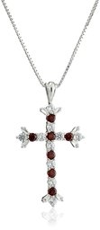 Sterling Silver Garnet and Created White Sapphire Cross Pendant Necklace, 18