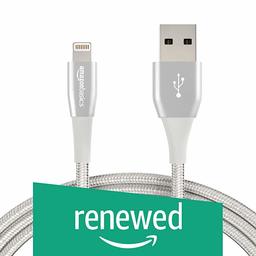 (Renewed) AmazonBasics Double Nylon Braided Apple Certified Lightning to USB Charge and Sync Extra Tough Cable, 6 Feet (1.8 Meters), Pack of 2 - Silver