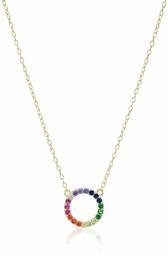 Women's 14K Cubic Zirconia Rainbow Circle 16 Inch With 2 Inch Extender Pendant Necklace, Yellow Gold