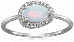 Rhodium Plated Sterling Silver Oval Created Opal Halo Ring, Size 7