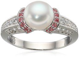 Amazon CollectionPlatinum Plated Sterling Silver Freshwater Pearl with Fancy Pink Swarovski Zirconia Accents Ring, Size 7