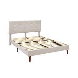 AmazonBasics Faux-Linen Upholstered Square Stitched Platform Bed - Mattress Foundation - Easy Assembly - Strong Wood Slat Support-Navy Blue, King