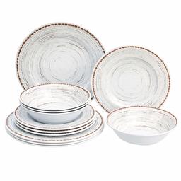 AmazonBasics 12-Piece Melamine Dinnerware Set - Service for 4, White Stoneware Swirl