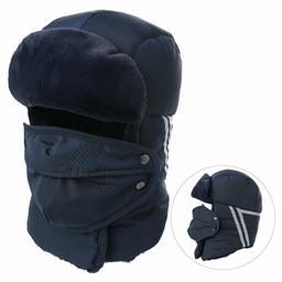 Jeff & Aimy Mens Women Windproof Trapper Faux Fur Ear Flaps Hunting Bomber Russian Hat Face Mask Navy