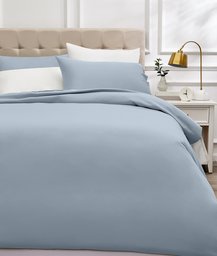  AmazonBasics - Bedding Set, Thread Density 400, Cotton Satin, 220 x 250 cm and Two Pillowcases, 50 x 80 cm, Smoke Blue