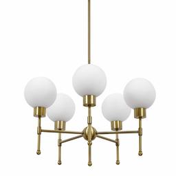 Amazon Brand – Rivet Mid-Century Modern Opal Glass Globe Hanging Ceiling Pendant Chandelier Fixture With 5 LED Light Bulbs - 25 x 25 x 52.5 Inches, Gold