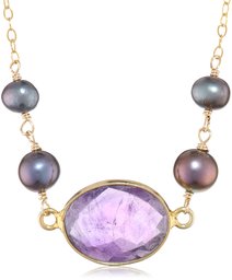 Faceted Amethyst Bezel Bead and Peacock Color Freshwater Cultured Pearls Gold over Silver Chain Necklace, 16