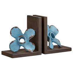 Stone & Beam - Set di 2 fermalibri Decorativi Vintage in Ferro con Mulino a Vento, 15,9 cm, Colore: Blu e Legno Scuro (Increspato)