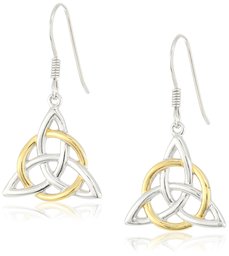 18k Yellow Gold Plated Sterling Silver Two Tone Celtic Triquetra Trinity Knot Triangle Drop Earrings