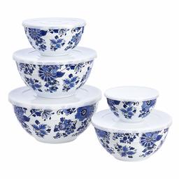 AmazonBasics 10-Piece Mixing Bowl Set with Lids - Non-Slip Base, Blue and White Floral