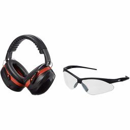 AmazonBasics Safety Ear Muffs Ear Protection, Black and Red, and Safety Glasses, Clear Lens