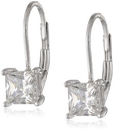 Amazon Essentials Platinum Plated Sterling Silver Princess Cut Cubic Zirconia Leverback Earrings (5mm)