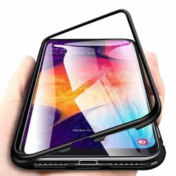 Amazon Brand - Solimo Magnetic Metal Frame Mobile Cover (Bumper Glass Back) for Samsung Galaxy A50 (Black)