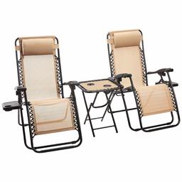 AmazonBasics Zero Gravity Chair with Side Table, Set of 2, Tan (Renewed)