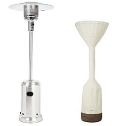 AmazonBasics Stainless Steel, Commercial, Propane 46,000 BTU, Outdoor Patio Heater with Wheels, Stainless Steel & Stand-Up Patio Heater Cover Set