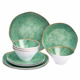 AmazonBasics 12-Piece Melamine Dinnerware Set - Service for 4, Teal Weathered Crackle