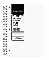 AmazonBasics Wide Ruled Wirebound 3-Subject 150-Sheet - Portátil con divisor de bolsillo (10,5x8