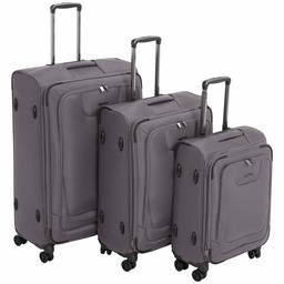 AmazonBasics, set di 3 valigie Premium, espandibili, morbide, con rotelle multidirezionali e chiusura con combinazione TSA, (53 cm, 64 cm, 74 cm), Grigio