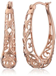 14k Rose Gold Plated Sterling Silver Filigree Oval Hoop Earrings